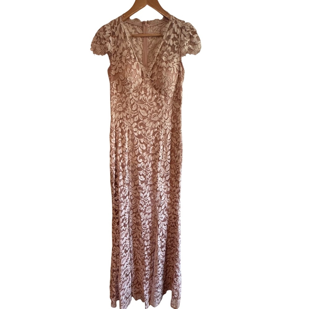 Eliza J Lace Cap Sleeve Gown Pink Nude Formal Maxi Dress Size 8